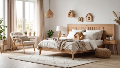 A cozy bedroom with natural wood tones
