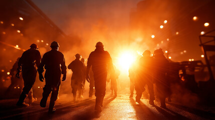 Fototapeta premium A diverse crew of hot metal cleaners gathered near heavy industrial equipment protective helmets visors and gloves reflecting the glow of molten steel thick atmosphere of heat