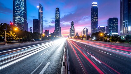 Vibrant Cityscape at Dusk with Light Trails on Highway