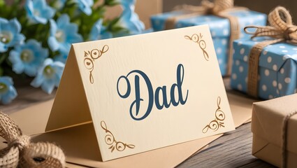 A fathers day card with gifts and flowers on a wooden table for a special celebration