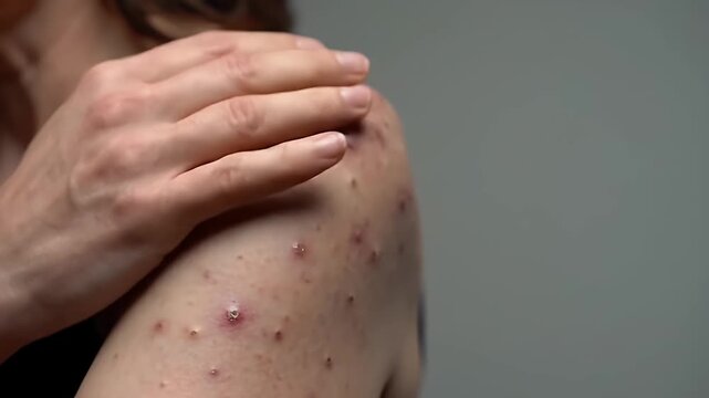 Extreme Close Up of Woman's Arm Revealing a Pustular Rash Against a Neutral Grey Background Showing Symptoms of Viral Infection and Illustrating Dermatological Conditions and Skin Issues
