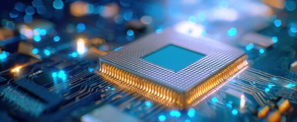 The microprocessor on a glowing circuit board representing futuristic high performance computing power
