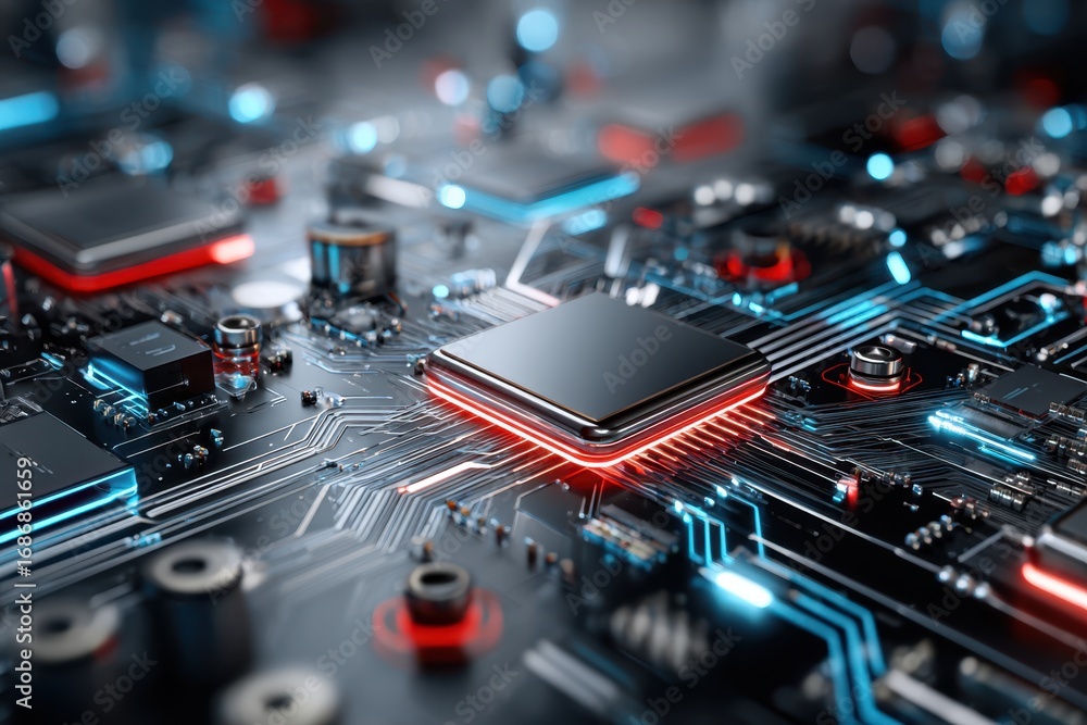Poster close up of futuristic circuit board with cpu