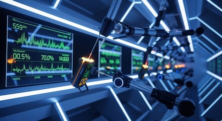 Futuristic automated tunnel designed for testing avalanche rescue beacons featuring robotic arms and digital readouts validating electronic signal accuracy.