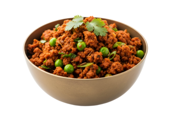 A bowl of flavorful, spiced ground meat dish, garnished with fresh cilantro and peas, sits against a black backdrop.