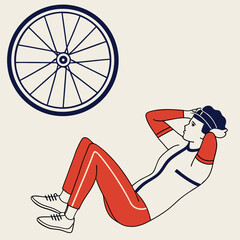 Cyclist performing abdominal crunches for core strength training next to a bicycle wheel illustration