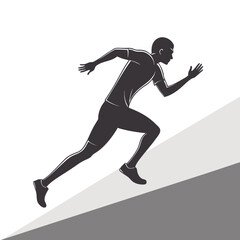 Silhouette of a determined male runner sprinting uphill against a clean white background with gray diagonal lines
