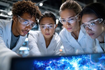 Scientists in lab coats examine glowing data on a screen