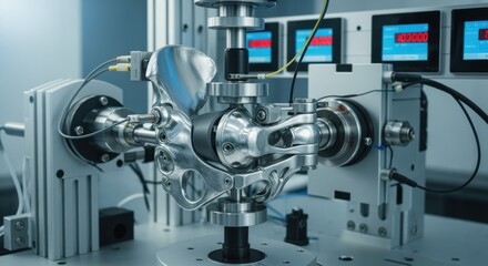 Metallic exoskeleton hip joint clamped in a precision fatigue test apparatus simulating realworld load conditions during repeated movement.