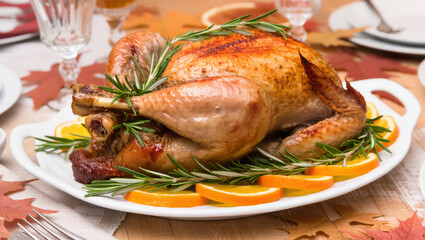 Thanksgiving roasted whole turkey with rosemary and orange slices on white plate. Festive holiday dinner table setup.