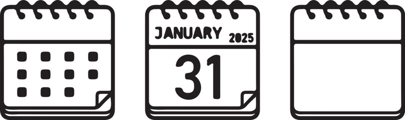 calendar, date, month, year, day, icon, set, collection, graphic, design, element, hand-drawn, sketch, outline, January, 2025, 31, blank, page, time, schedule, planning, event, reminder, organization,