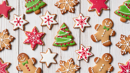 Christmas gingerbread cookies in festive shapes like stars, trees, and snowflakes on white wooden table. Colorful holiday treats.