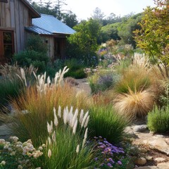 Fototapeta premium Garden filled with ornamental grasses and native plants