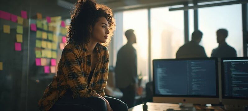 The thoughtful woman engaged in a creative technology workspace.