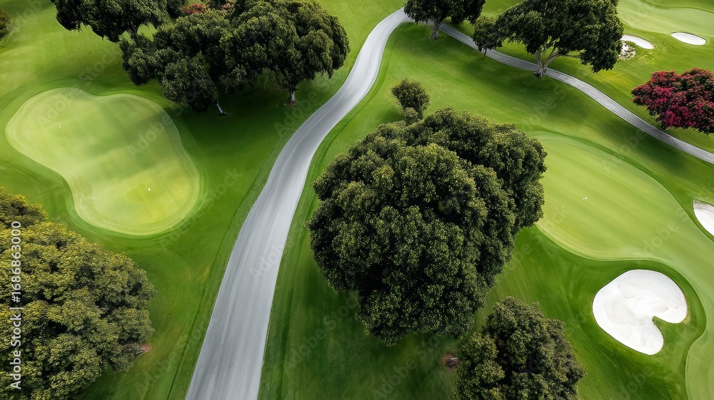 Poster A golf course with a path and trees in the background. The trees are green and the grass is also green
