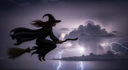 Fototapeta premium Witch flying on broomstick in stormy night sky