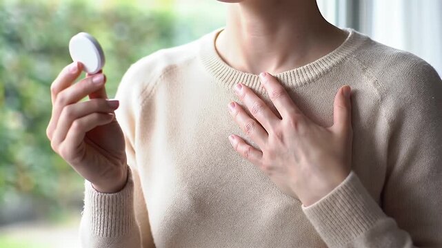 Fair Skinned Person Holding White Pill with Right Hand in Indoor Setting Light Toned Sweater Green Background Medicine Healthcare Concept Checking Symptoms Vital Signs 190