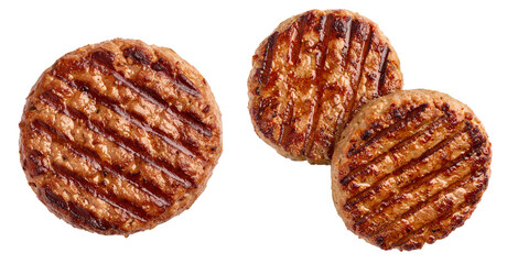 group of top view of grilled beef patty isolated on white