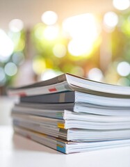 Stack of magazines on a table, blurred background