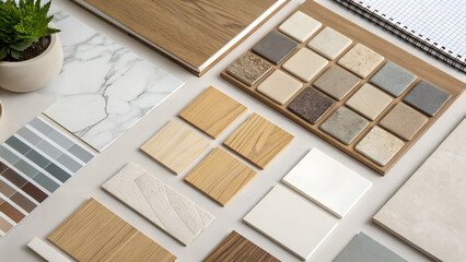 Flat lay of modern interior material samples including wood, marble, ceramic and laminate textures for home renovation, architectural design and professional project presentations