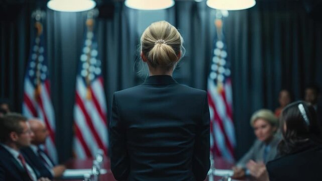 A woman stands among a group of people, possibly at an event or gathering