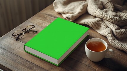 Cozy reading moment captured with a green screen book ready for your content, alongside a comforting hot drink and spectacles on a wooden surface