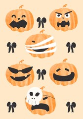 Six Kawaii pumpkins face with black ribbon decorations, over pastel background.