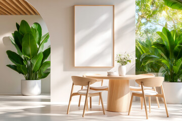 Clean and serene dining space with a round wooden table