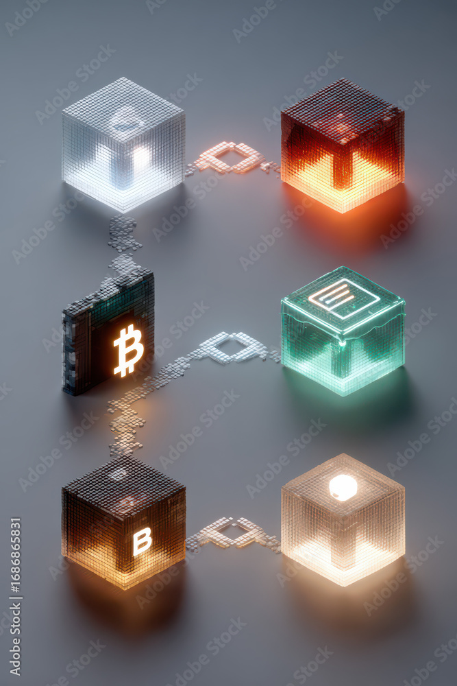 Poster blockchain technology: a futuristic, high-tech artistic rendering of interconnected blockchain block