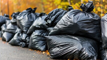 Piles of black garbage bags on the roadside with autumn trees, representing waste disposal and environmental issues.