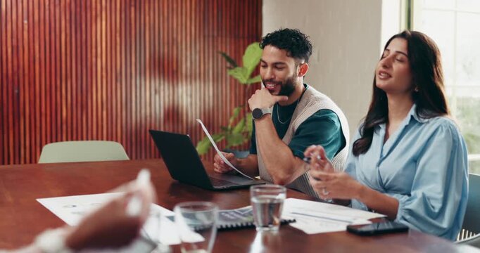 Creative, team and discussion with client in office, publicist and plan for campaign with documents. People, talking and brainstorming with paperwork for proposal, public relations and collaboration