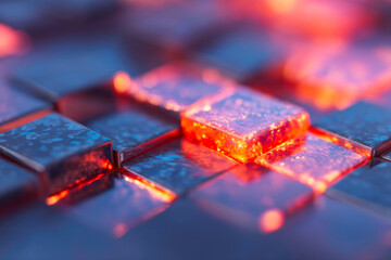 Futuristic visual of glowing orange cubes arranged on a dark metallic grid