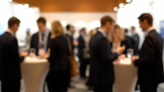 Blurred Business Conference Early Evening Shows People Networking and Talking Near Tables at Trade Show Hall