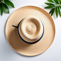 top view of a beach hat with leaves decoration on white background