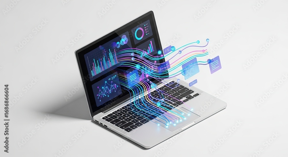 Fototapete laptop displaying data analytics charts with digital graphics overlay