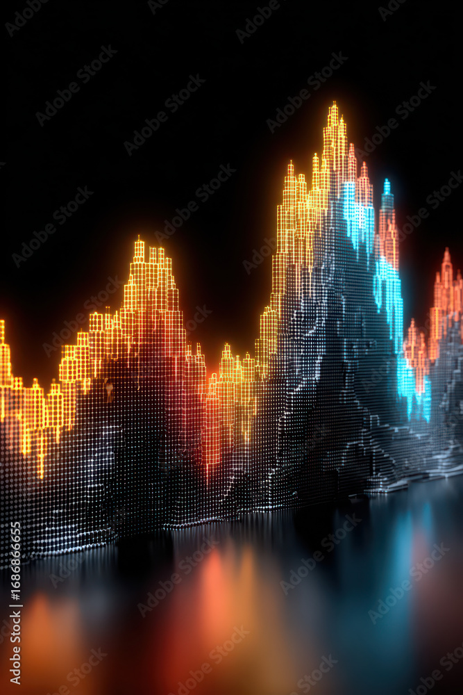 Poster digital data cityscape: a vibrant abstract representation of a digital cityscape pulsates with lumin