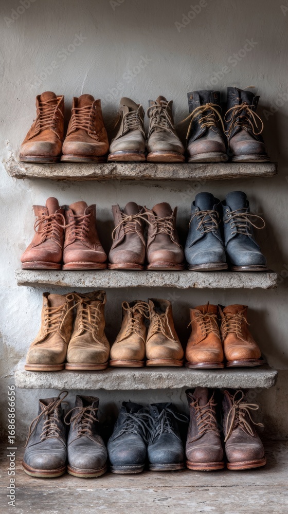 Poster minimal shoe collection displayed on shelves with neutral background and natural lighting showcasing