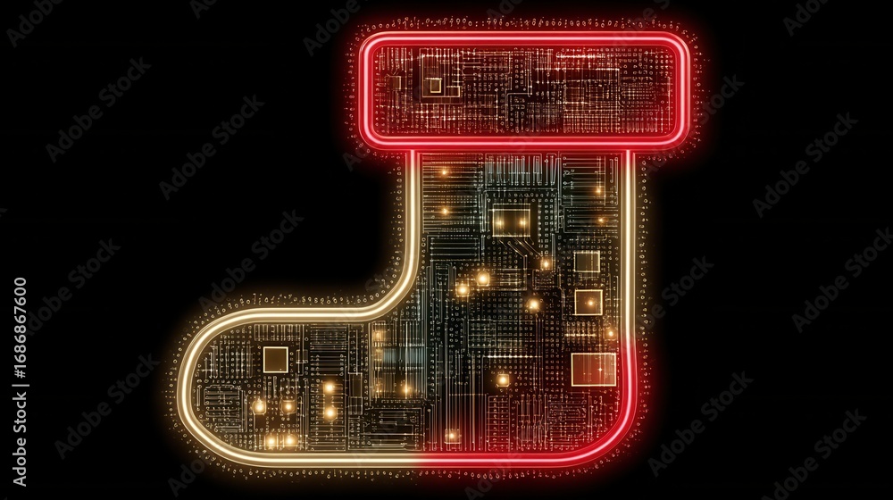 Poster christmas concept. stylized sock design with intricate patterns and glowing edges.