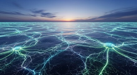 Abstract ocean landscape with neon blue and green patterns at sunset  