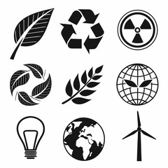 Eco friendly symbols leaf recycle globe wind turbine lightbulb