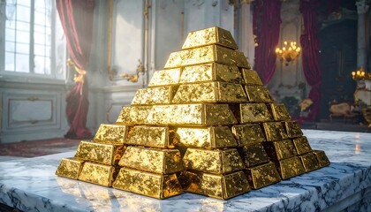 Golden pyramid of gold bars in a grand room