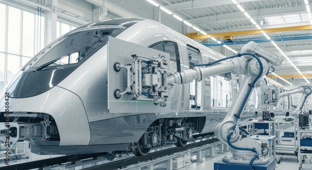 Poster panel fitting and alignment process with robotic guidance on streamlined railcar nacelle in modern c