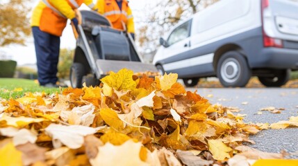 Professional Groundskeepers Clearing Autumn Leaves with Blower on Street