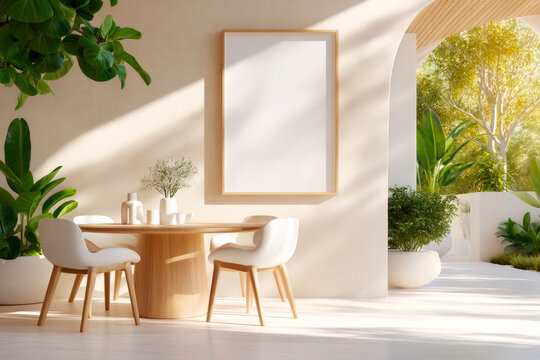 Simple and chic dining space with a round wooden table - Powered by Adobe