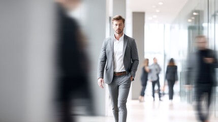Man in suit walks in bright hallway with blurred people and columns.