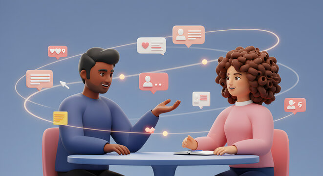 Engaging Online Conversation Between Two Individuals with Social Media Notifications, Showing Interaction and Communication in the Digital Age Through Creative