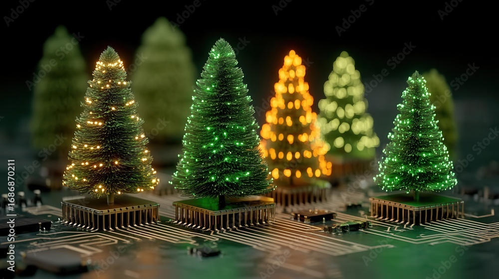 Poster christmas concept. illuminated trees on a circuit board create a festive, tech-inspired scene.
