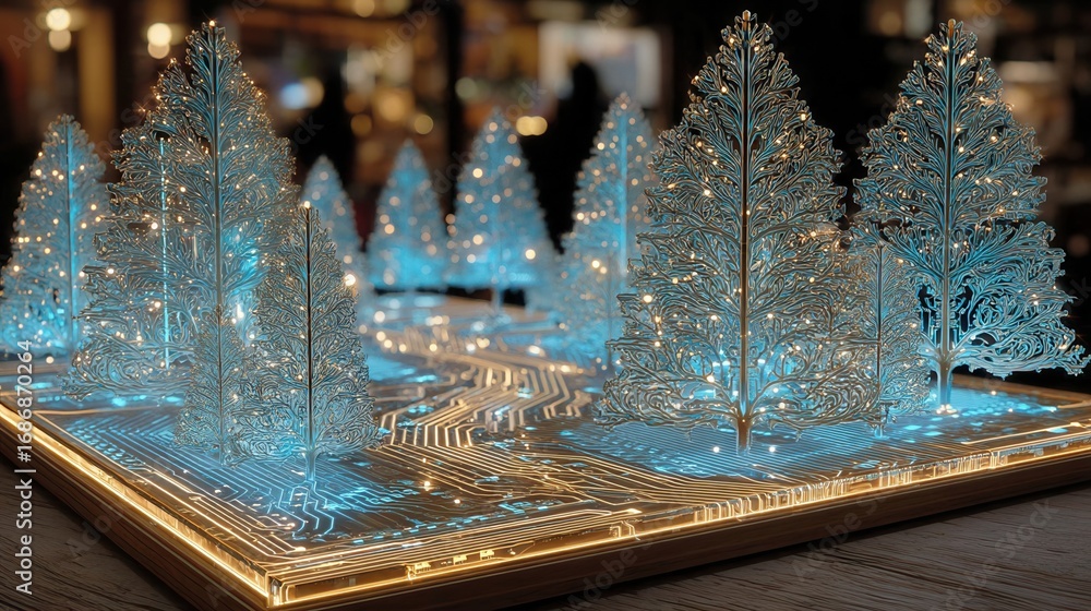 Poster christmas concept. artistic representation of illuminated trees in a tranquil setting.
