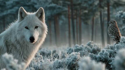 White wolf and owl in snowy forest environment.