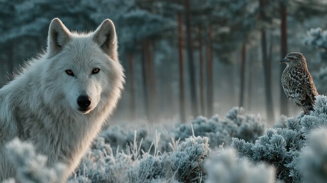 White wolf and owl in snowy forest environment.